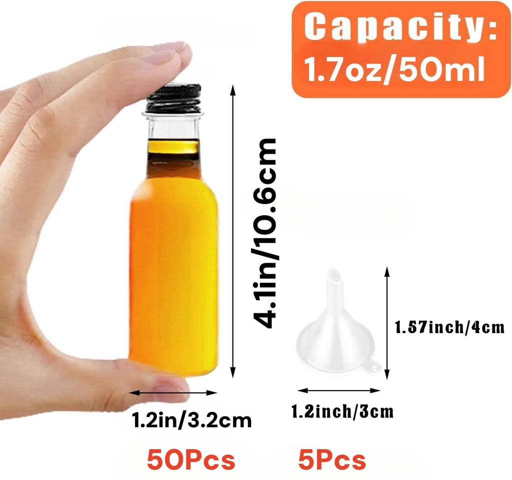 30-100Pack Mini Liquor Bottles with Funnels Plastic Alcohol Bottles Little Shot Spirit Bottles for Wedding Party Favor 0.8/1.7oz