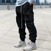 Men Cargo Pants Ankle-banded Drawstring Elastic Waist Loose Solid Color Sweatpants with Pockets Retro Style Windproof Ankle Length Trousers