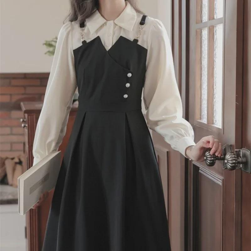 Платье-двойка больших размеров во французском стиле для женщин - длинный рукав, утягивающая талия, А-силуэт, осенняя мода