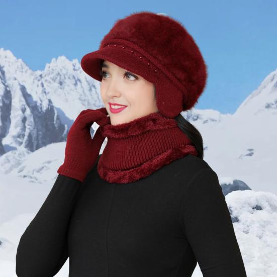 3 шт./комплект для женщин среднего возраста, зимняя шапка, шарф, перчатки, комплект, толстая трикотажная защита ушей