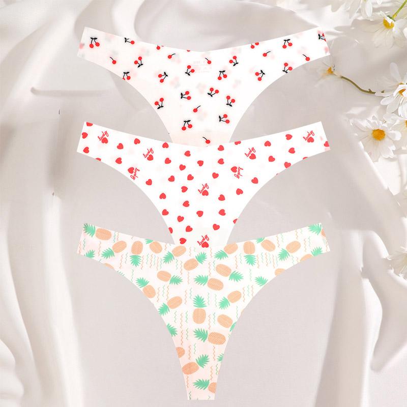 FINETOO 3 шт./компл. сексуальные стринги для женщин из ледяного шелка, цельные бесшовные трусики для девочек, свежее нижнее белье с низкой талией и принтом