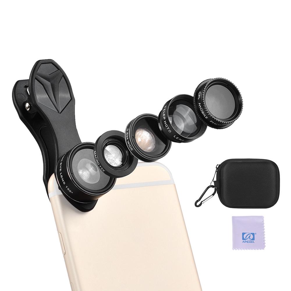 APEXEL APL-DG5H 5 In 1 Cellphone Lens Kit 198 Degrees Fisheye Lens 0.63X Wide Angle Lens 15X Macro