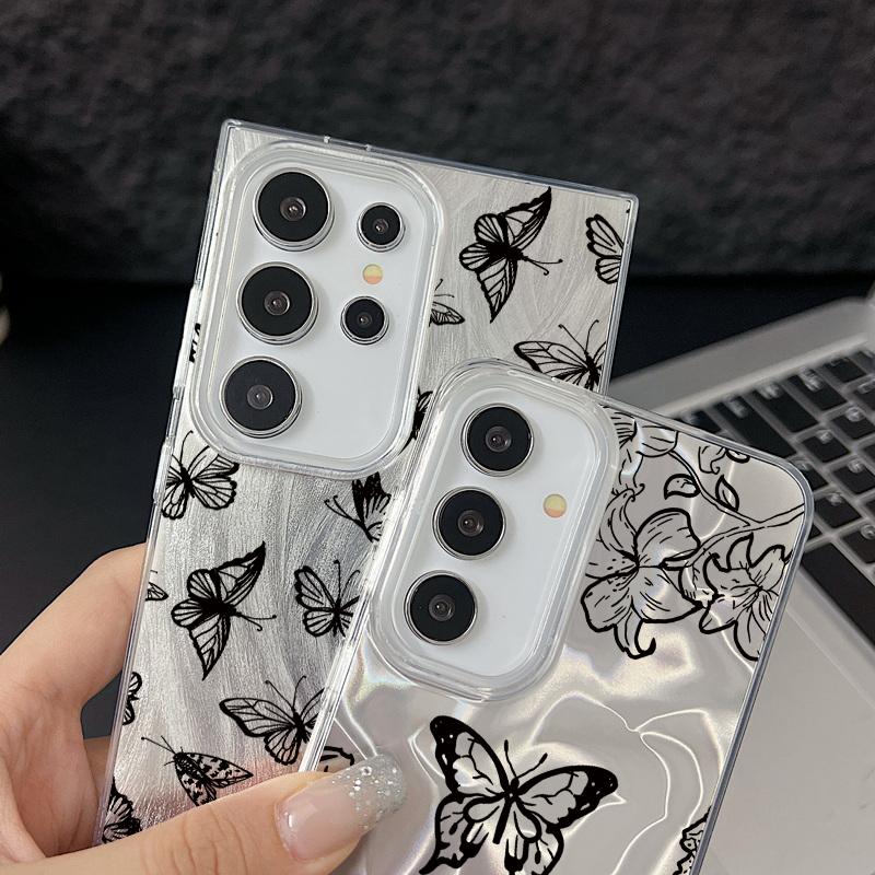Черный блестящий глянцевый чехол для телефона с принтом бабочек для Samsung S25 S24 FE S23 Ultra A56 A36 A55 A16 A15 TPU PC Hybrid противоударный тонкий прозрачный бампер