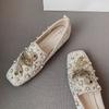 2025 Обувь для женщин Плоская обувь Трендовая повседневная обувь с перламутровыми кристаллами и птицами Модные мокасины с квадратным носком