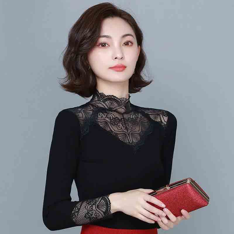 Рубашка с кружевным низом, универсальный маленький кружевной пуловер, модный тонкий женский черный эластичный топ с внутренней стороны, весна-лето