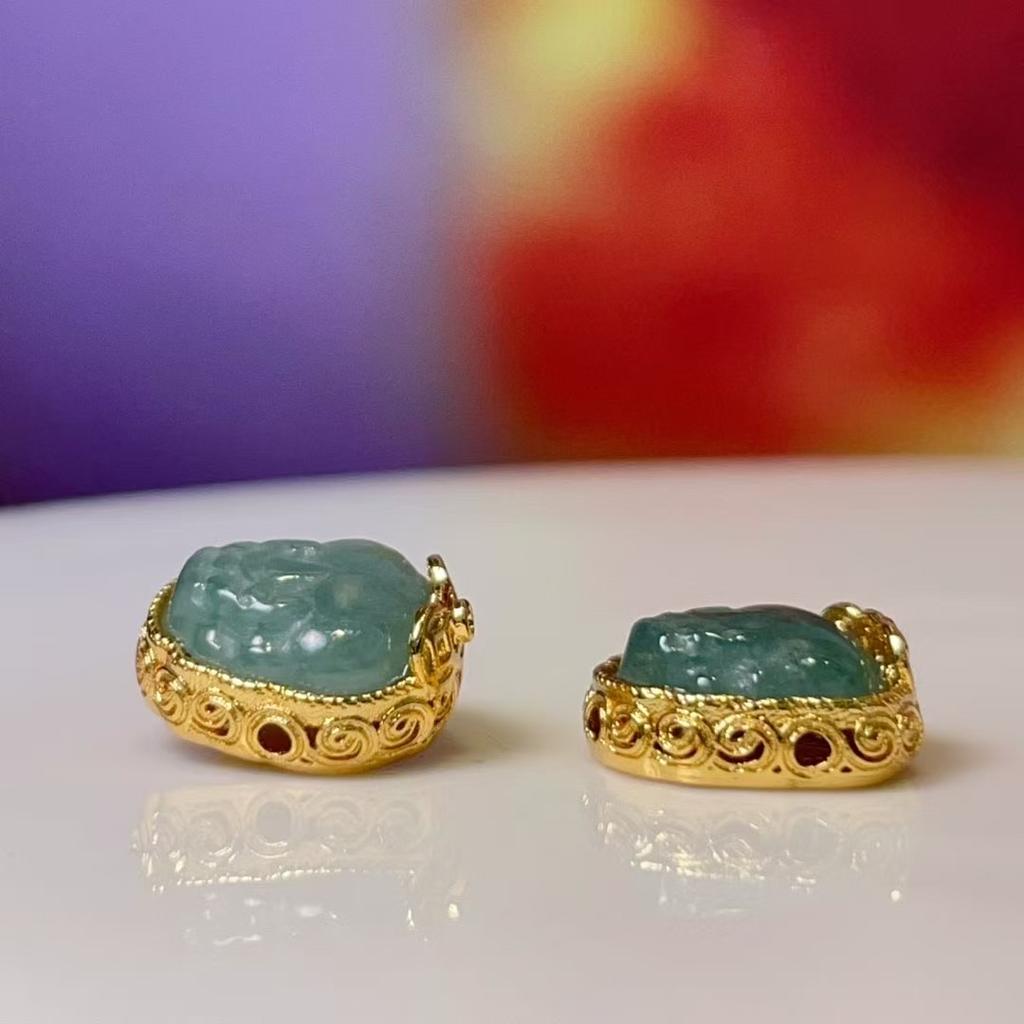 5Pcs, Natural Stone Bluewater Jadeite Pendant with Golden-Edged Accents, Fashion Pi Xiu Charms for Men Women, for DIY Necklace, Jewelry Making 12x12mm