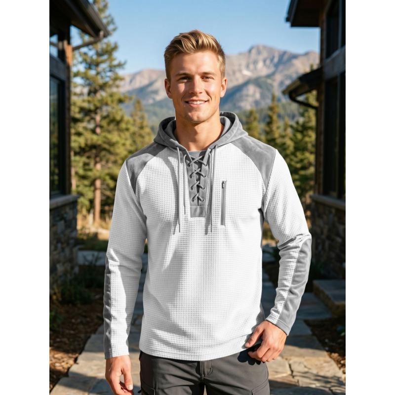 Men S Long Sleeve Hooded Waffle Color Block Casual Sweatshirt