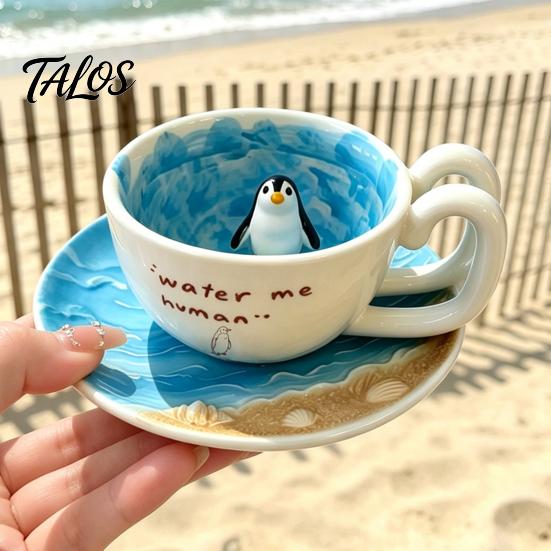 Кружка из керамики ручной работы для дома, милая керамическая с 3D-печатью/фигуркой пингвина внутри, Декоративная чашка для чая "Синий океан", Тематическая кофейная кружка, Посуда для напитков