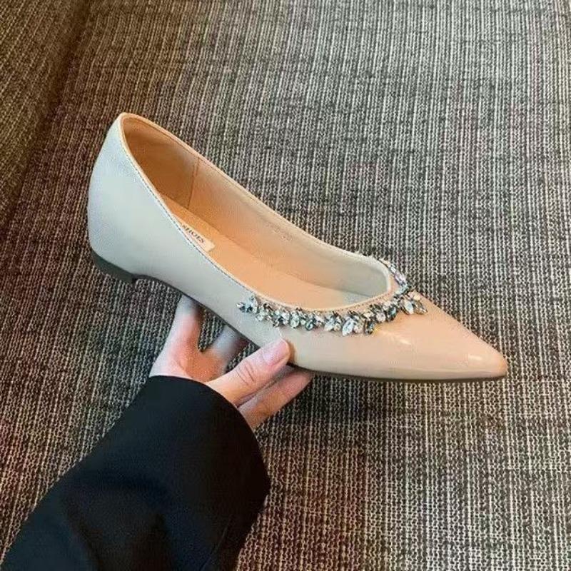 Autumn Light Luxury High-end Rhinestone Pointed Flat-soled Single Shoes, Women's Shallow Mouth Inner Height Increase Mary Jane Single Shoes