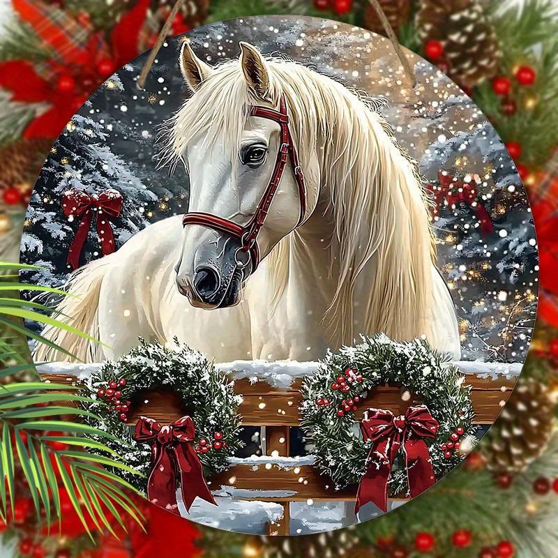 Теплая зимняя деревянная рождественская табличка с узором белой лошади, круглая рождественская табличка для декора на входную дверь или стену, идеальный рождественский подарок