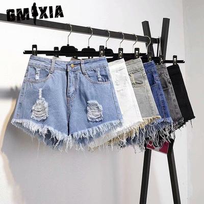 Плюс размер джинсовые меховые шорты женские летние с высокой талией Fat Mm свободные утягивающие рваные широкие студенческие шорты A Line