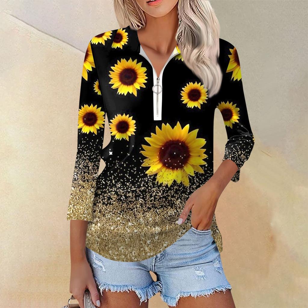 Женская повседневная футболка с v-образным вырезом и семью рукавами, пуловер с половиной молнии и принтом подсолнечника