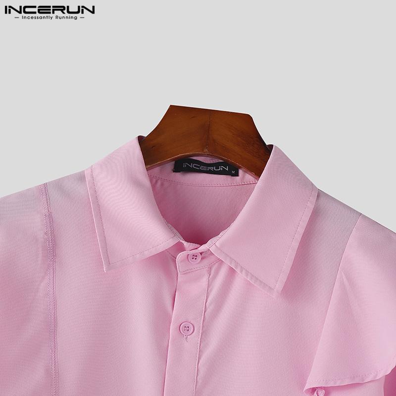 INCERUN Men Lapel Neck Ruffled Shoulder Long Sleeve Buttons Up Casual Shirts