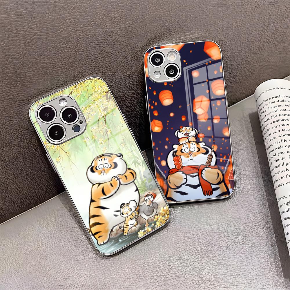 Забавный чехол для телефона F-Fat Tiger для iPhone 17 Pro Max 15 Pro 16 14 Plus 12 13 Mini 11 Pro Ударопрочная гальванизированная стеклянная крышка