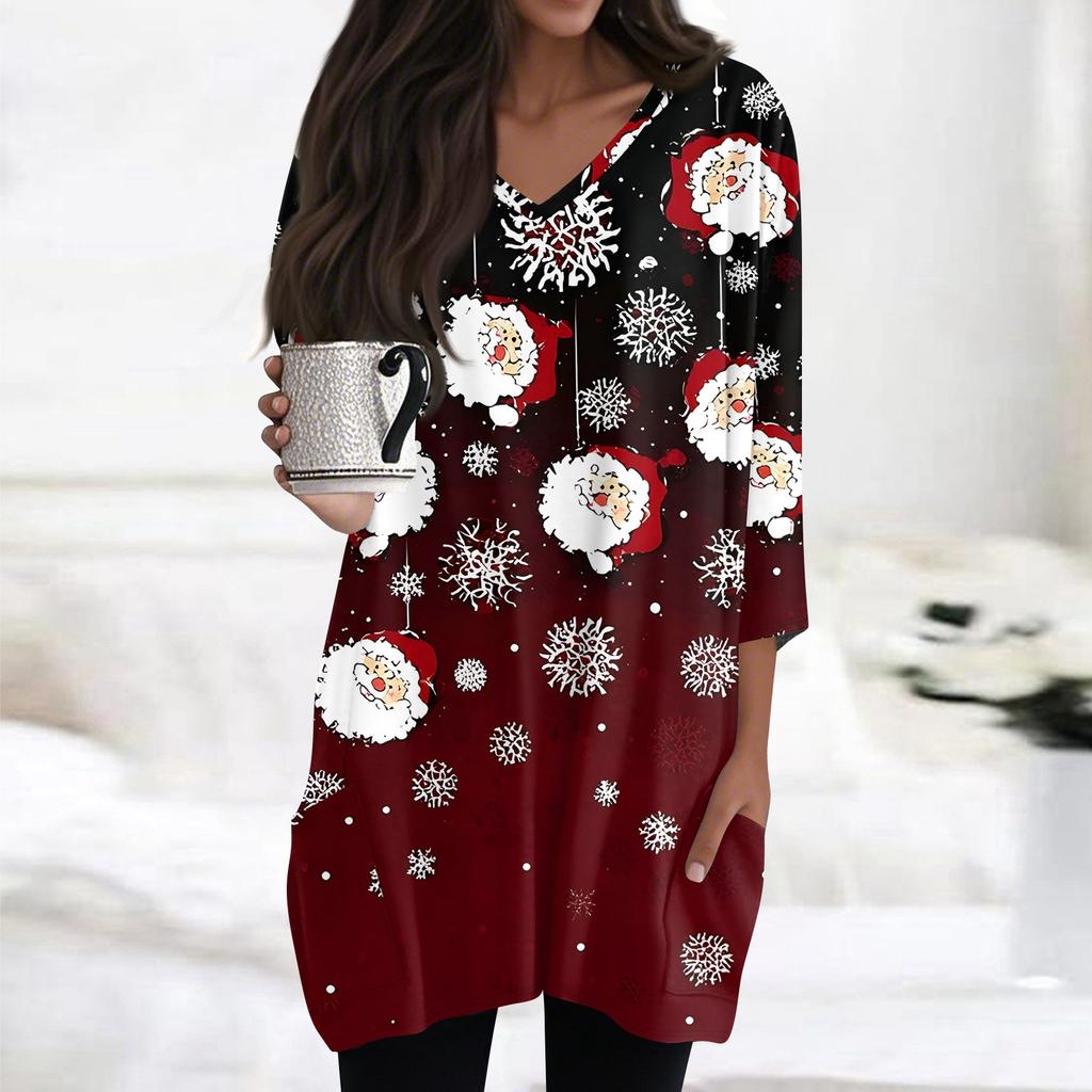Женские топы с V-образным вырезом и рукавом 3/4, повседневные блузки средней длины, модные туники с рождественским принтом и карманами