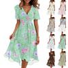 Women's Fashion Casual V Neck Short Sleeve Ruffled Vintage Printed Dresses