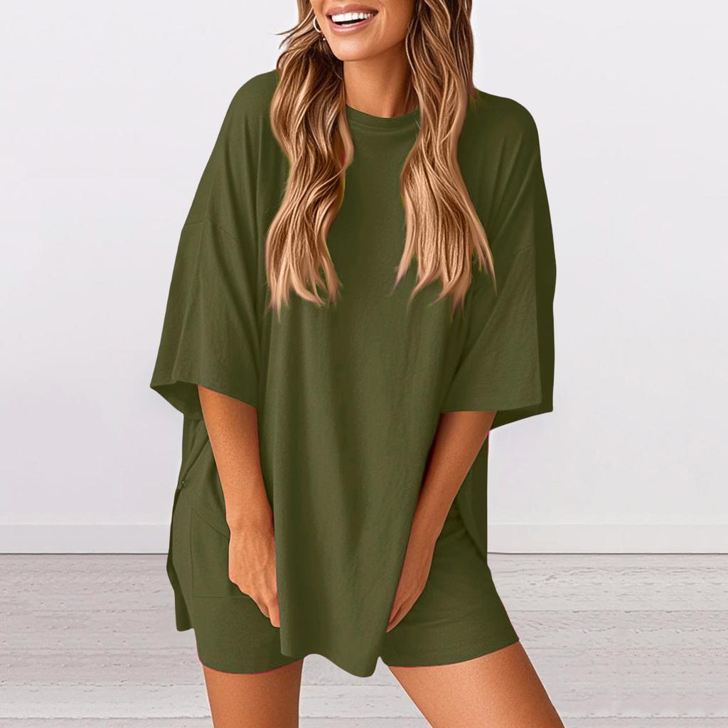 Женский свободный модный однотонный топ с разрезом и круглым вырезом, с коротким рукавом, с маленьким карманом, шорты, комплект из двух предметов