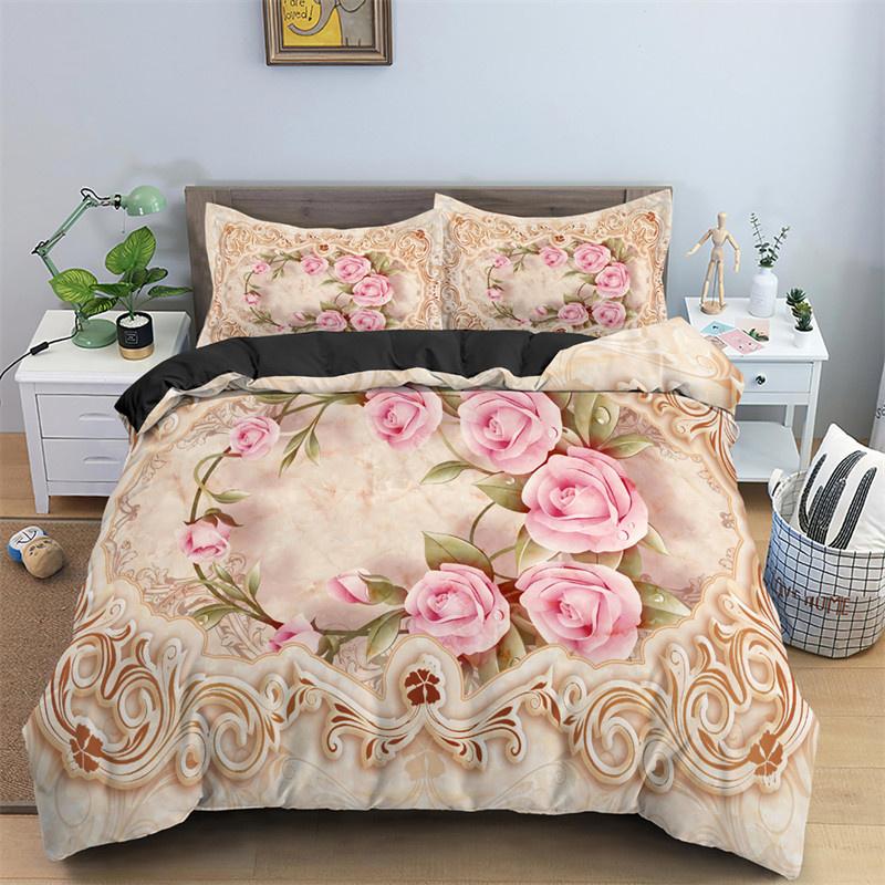 3D Design Flower Duvet Cover Sets Queen Size Floral Print Set Sleeping Decor Black Quilt/Comfort Cover With Pillows