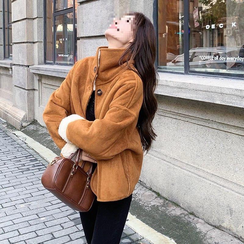 Женская замшевая куртка цвета хаки с подкладкой из овчины и хлопка - Новый стиль Осень/Зима