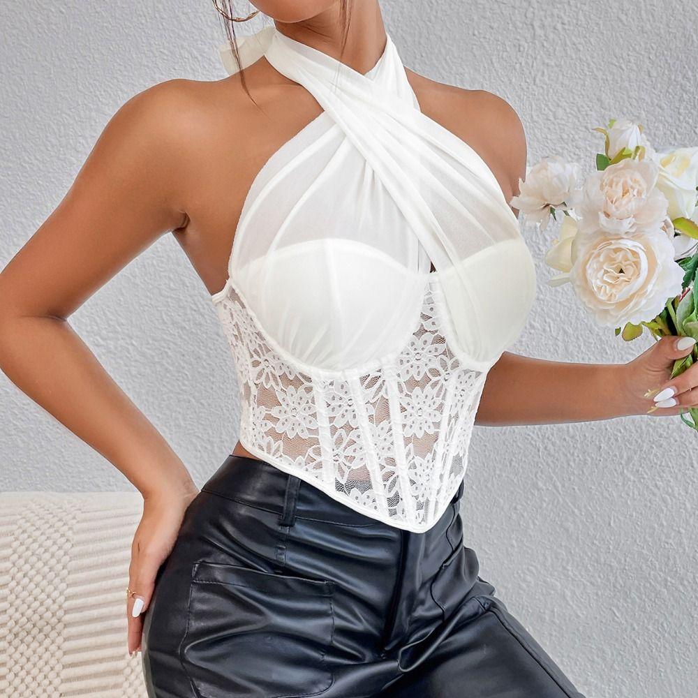 Mesh Lace Camisole Slim Fit Fishbone Corset Camisole Sweet Neck Halter Crop Tops Ladies