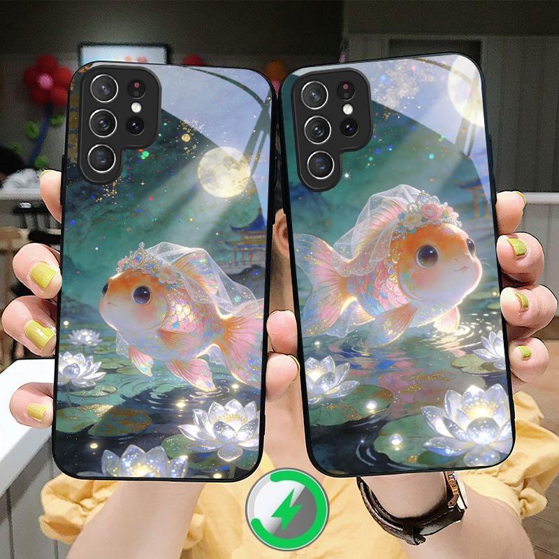 Милый золотой рыбка в белой вуали Подходит для Samsung Galaxy S25 Ultra S20 FE S21 S22+ S23 Plus S24 S26 Edge магнетизм Стекло Чехол для телефона