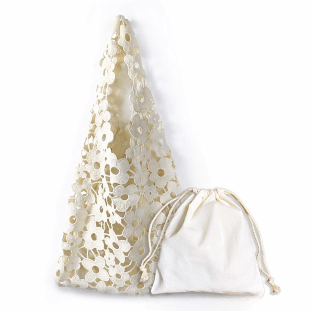 Vintage Woven Flower Tote Bag Large Capacity Soft Hollow Out Embroidered Handbag Polyester Fiber Has Inner Pocket