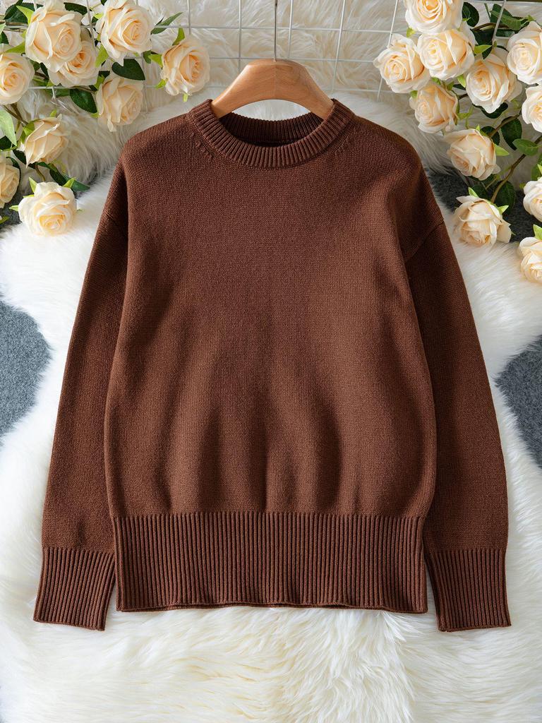 Женский однотонный свитер-пуловер в рубчик - Осень/Зима, Свободный крой, Круглый вырез, Повседневный стиль