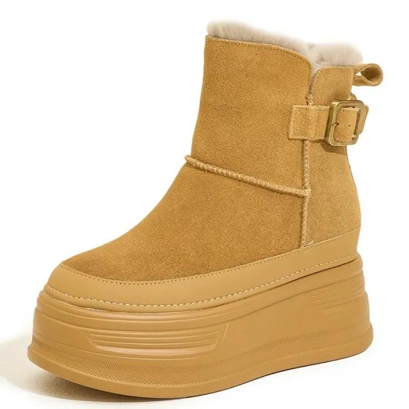 9 см замша коровья натуральная кожа платформа танкетка 2024 зимние плюшевые женские сапоги скрытый каблук весенние теплые ботильоны осенняя обувь