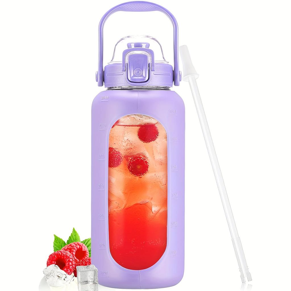 64oz Glass Water Bottles With Straw And Lid Half Gallon Water Bottle With Time Marker Leakproof Glass Water Bottles With Silicone Sleeve