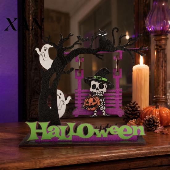 Multi-scene Halloween Decoration Wooden Table Decor, 3D Printed Skull Pumpkin Alphabet Atmosphere Letter Decoration, Creative Cartoon Wood Ornament