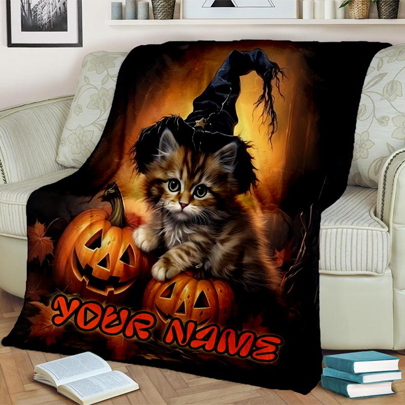 1PC Custom Name Halloween Kitten Pumpkin flannel blanket versatile,all-season throw suitable for the living room,bedroom,camping,travel,and gift