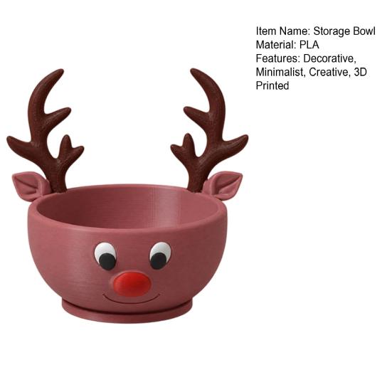Multi Purpose Storage Bowl 3D Printed Christmas Reindeer for Candy and Jewelry, Party Supplies Cute Animal Desk Organizer Festive Holiday Tabletop