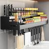 Kitchen Spice Knife Storage Rack Double-layer Wall-mounted Multifunctional Holder Punching-free Storage Organizer W Utensil Hook