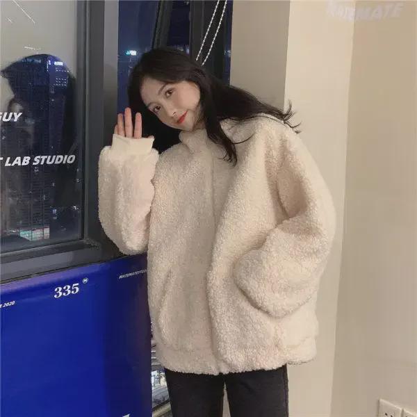 Женская куртка с капюшоном из шерсти ягненка с милыми медвежьими ушками - пушистый кардиган осень/зима