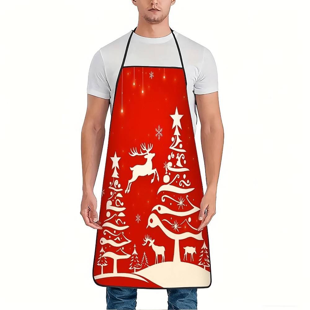 Christmas Tree and Reindeer Print Apron with Adjustable Waistband - Durable, Easy-Clean Polyester Fabric, Suitable for Cooking, Gardening, Harvesting,
