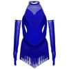 Girls Ruched Mesh Drapes Cutout Tassel Glittery Rhinestones Leotard Mesh Gloves Latin Dance Costume