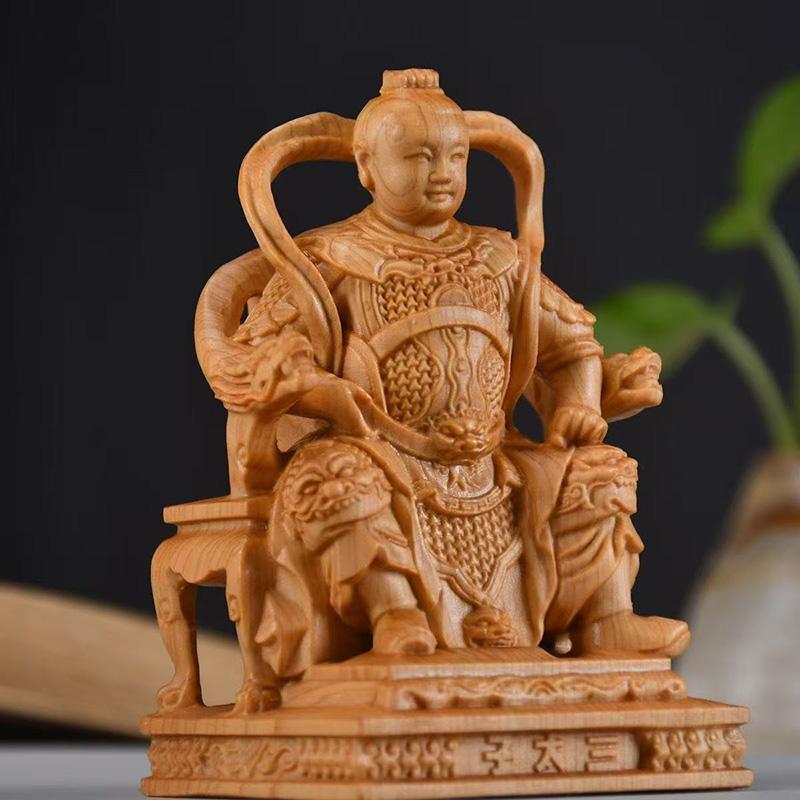 Wood Carving Marshal Nezha, Third Prince Figurine Chinese Mythological Figures Home Room Office Wealth Luck Feng Shui Decor