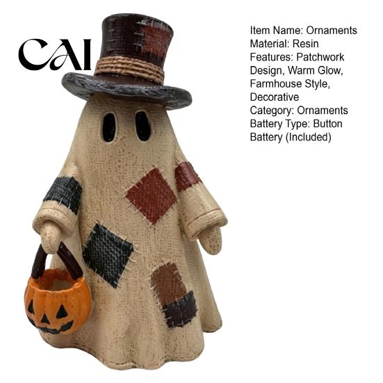 Unique Holiday Interior Ornaments Lighted Patchwork Ghost Resin Figurine with Pumpkin Lantern, Rustic Farmhouse Style Halloween Cozy Fall Fireplace