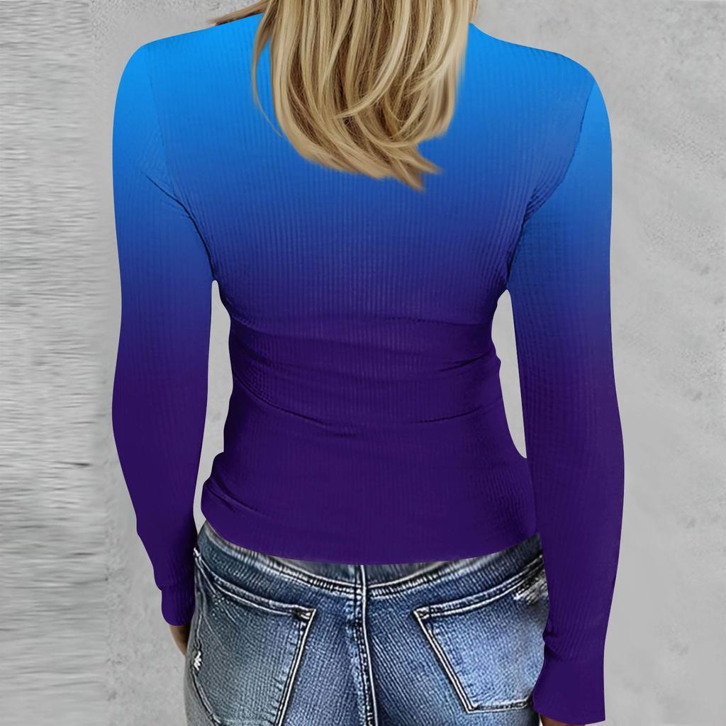 Women's  And Winter Slim Bottom T-shirt Fashion Casual Gradient Printing Round Neck Pullover Long Sleeve Top