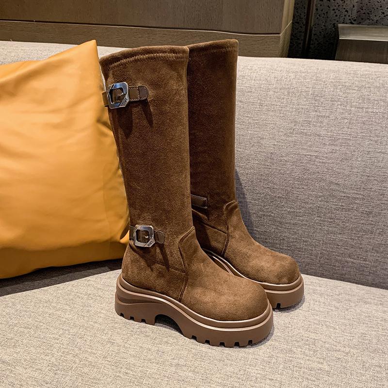 Мода 2025 Женские Стильные Сапоги-Слоучи до Середины Икры Мягкие Удобные с Дизайном Круглого Носка Застежка-Пряжка Дизайн Повседневная Обувь для Улицы
