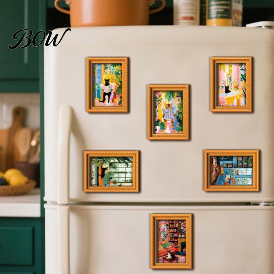 Artistic Wall Decor for Metal Cabinets Cute Cat Magnetic Fridge Magnet, Vintage Wooden Picture Frame, Fun Flexible Frames Desk Scene Cabinets,