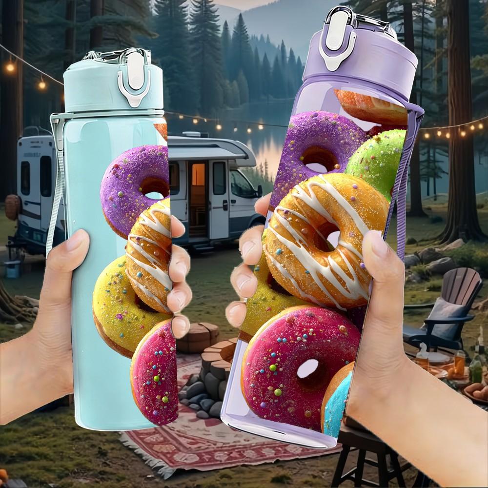1PC Pile Of Color Donut Sweet Food Print 750ml Color Plastic Sports Water Bottle Leakproof Flip Straw Lid Suitable for Sports Office Home Use