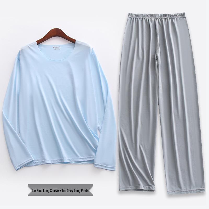 Liquid Ice Silk Ultra-Thin Men's Pajama Set - Spring/Summer Long Sleeve Top & 9/9 Length Pants, High Elastic Home Wear