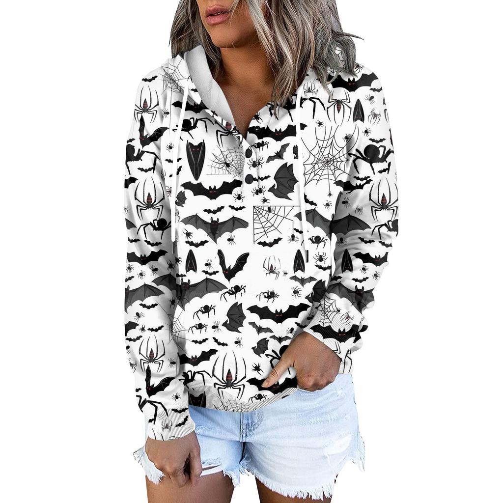 Women's Fashion Slim Fit Long Sleeve Halloween Print Hooded Sweatshirt Top