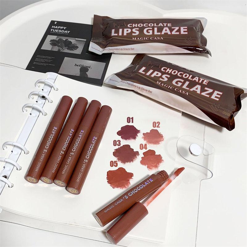 Five Chocolate Color Lip Glaze Set Matte Matte Non-fading Lipstick Suitable for Female Students