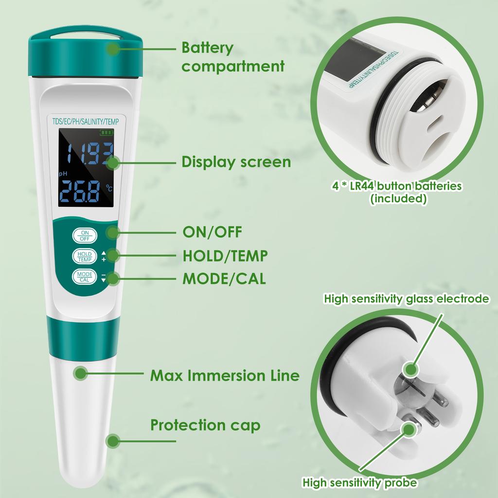 5 In 1 Water Tester Precise Digital Water Tester PH/TDS/EC/Salt/Temperature Meter Multi-role Water Quality Tester for Hydroponic