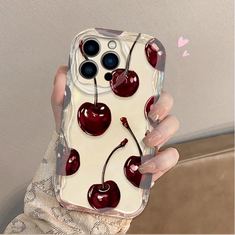 Cute Red Cherry Butterfly 3D Wave Phone Case for iPhone 17 Air 16 15 14 Plus 13 12 11 Pro Max 16E XR XS X 7 8 Silicone Cover