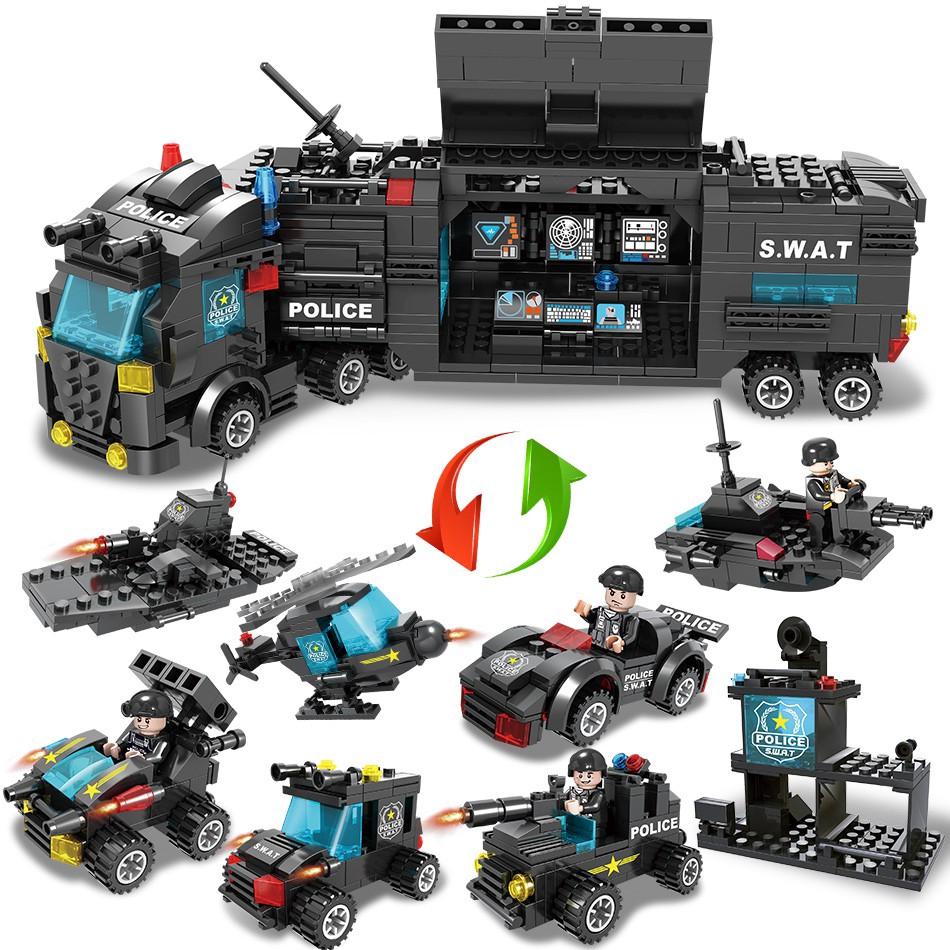 750 шт. 8 в 1, спецназ, городская полиция, грузовики, строительные блоки, полицейский робот, модель вертолета, кирпичи, игрушки для детей, подарки