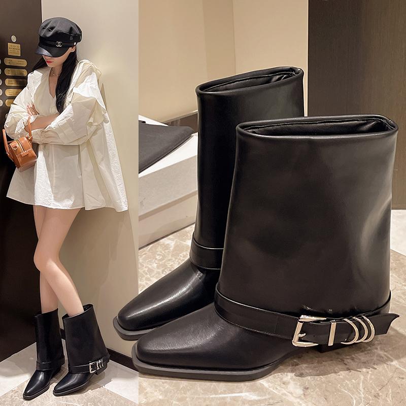 Fashion 2025 New Women's Fashionable and Versatile Chunky Single Boots New Pointed Head Sleeve Belt Buckle Comfortable Low Heel Boots