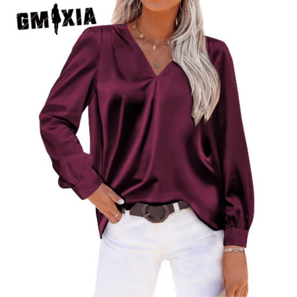 GMXIA Женские модные повседневные весенне-осенние однотонные блузки и рубашки с v-образным вырезом и длинным рукавом с принтом